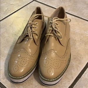 Oxford style patent nude lace shoes